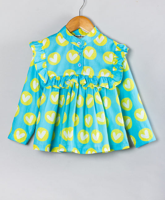 HEART PRINT FULL SLEEVES TOP WITH FRILL ALONG YOKE