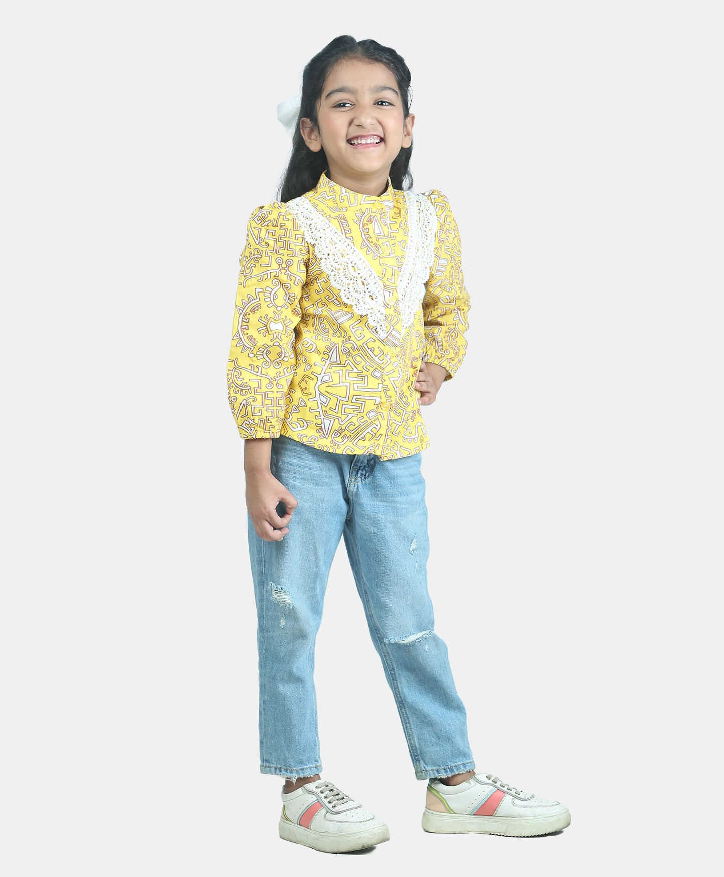 Full Sleeves Seamless Geometric Design Printed & Lace Embellished Button Down Shirt Style Top - Yellow