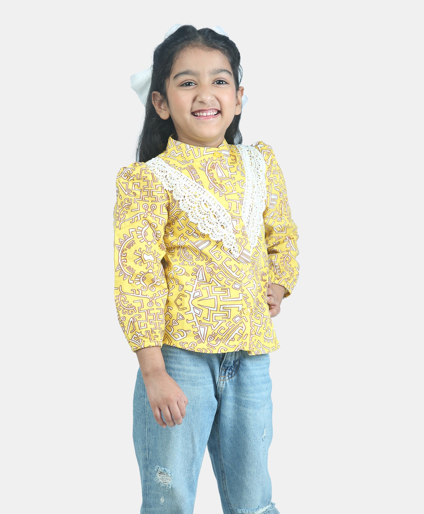 Full Sleeves Seamless Geometric Design Printed & Lace Embellished Button Down Shirt Style Top - Yellow