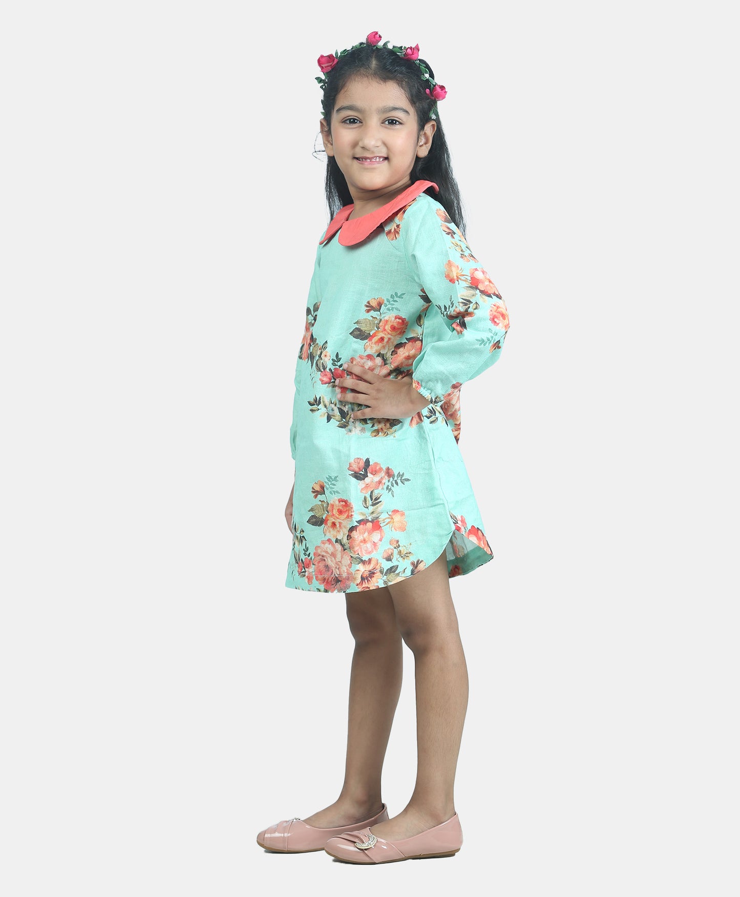 Vintage floral print dress with contrast collar -Green