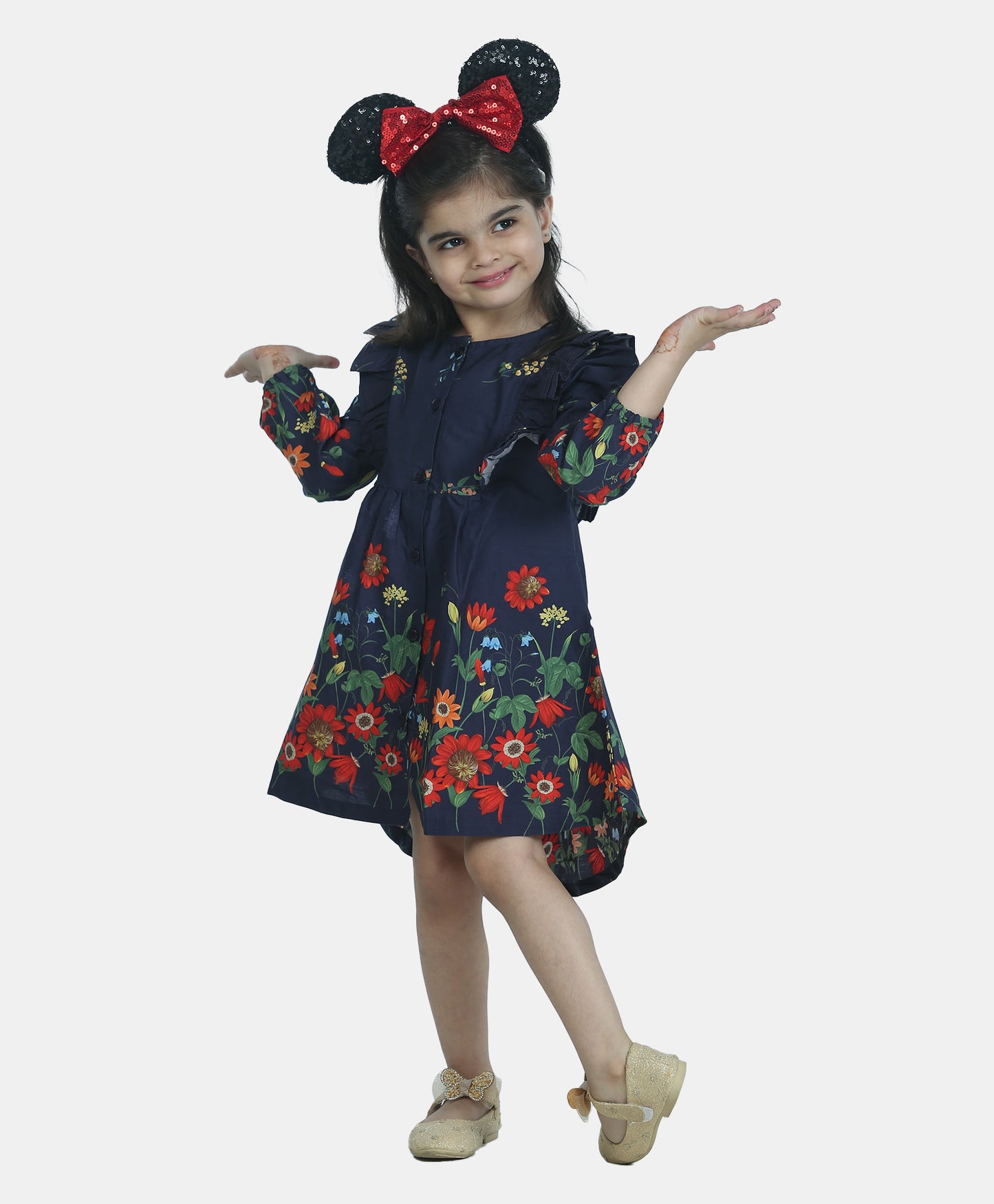 Full Sleeves Garden Flowers Printed & Frill Detailed Fit & Flare Dress - Navy Blue