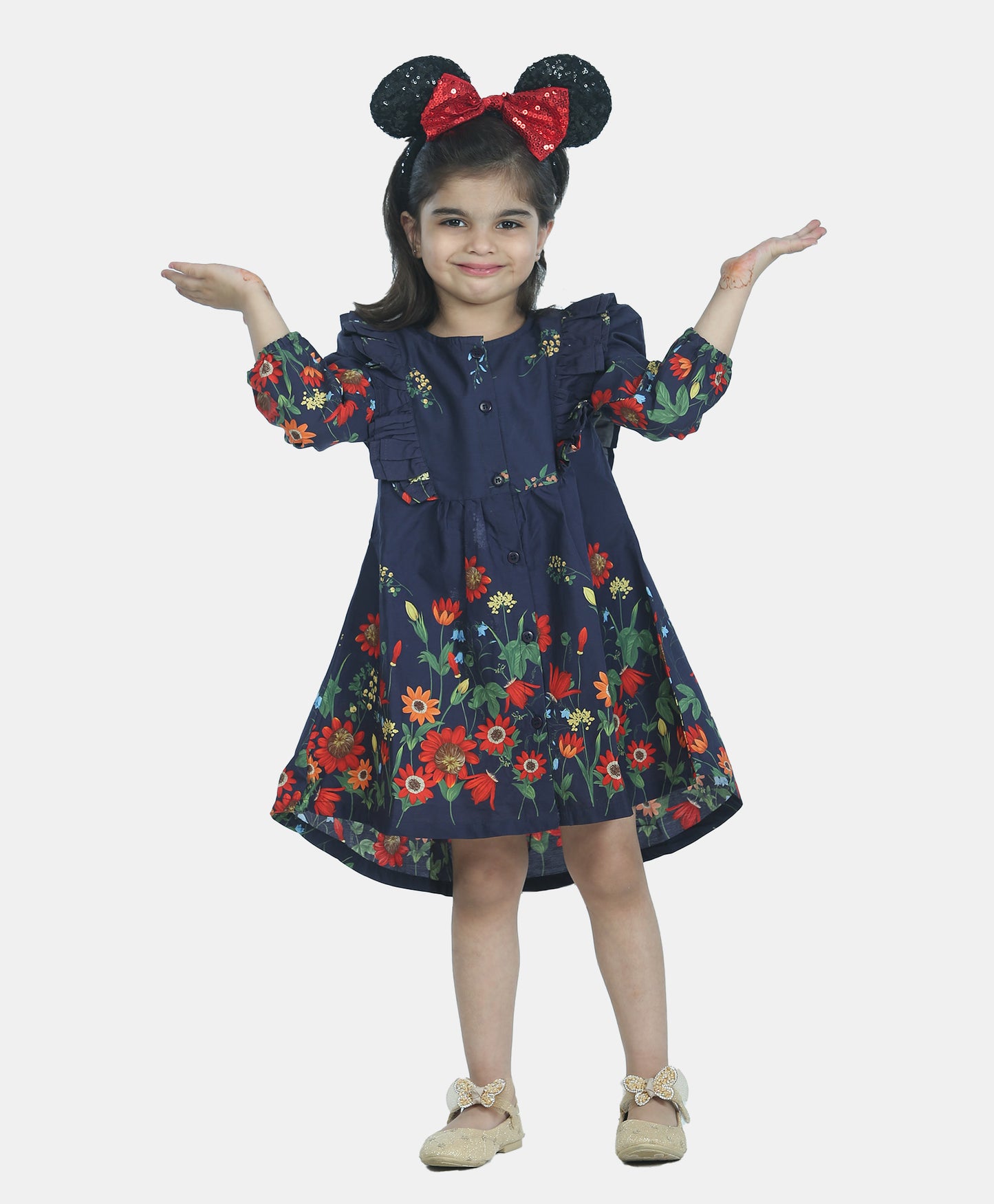 Full Sleeves Garden Flowers Printed & Frill Detailed Fit & Flare Dress - Navy Blue