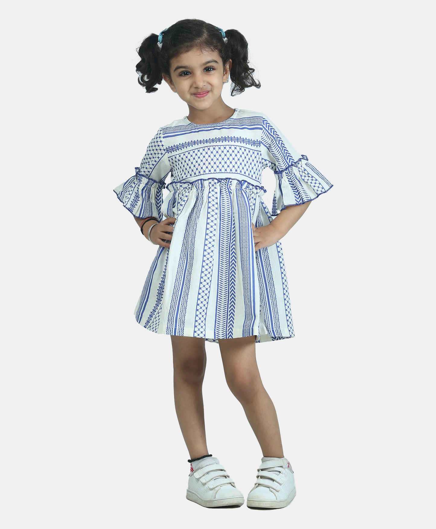Three Fourth Sleeves Striped Pattern Aztec Bands Designed Fit & Flare Dress - Navy Blue & White