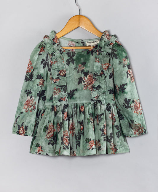 GREEN FLORAL PRINTED TOP WITH FRONT SIDE FRILLS