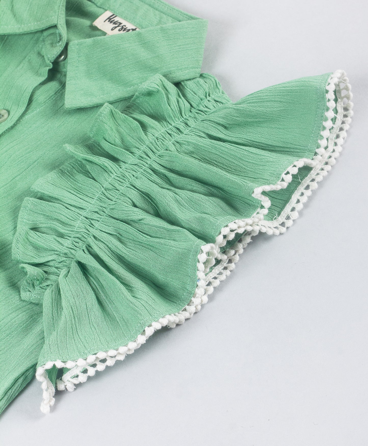 SOLID GREEN BUTTON DOWN SHIRT WITH FRILLS ALONG ARMHOLE