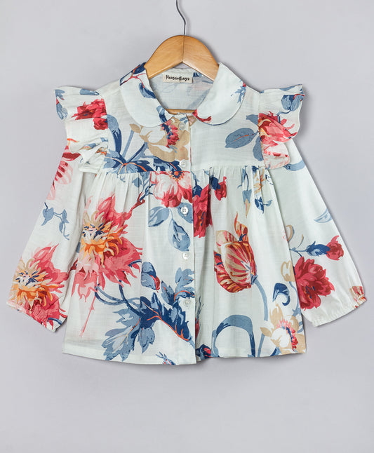 WHITE FLORAL PRINT TOP WITH FRILLS AT SHOULDER