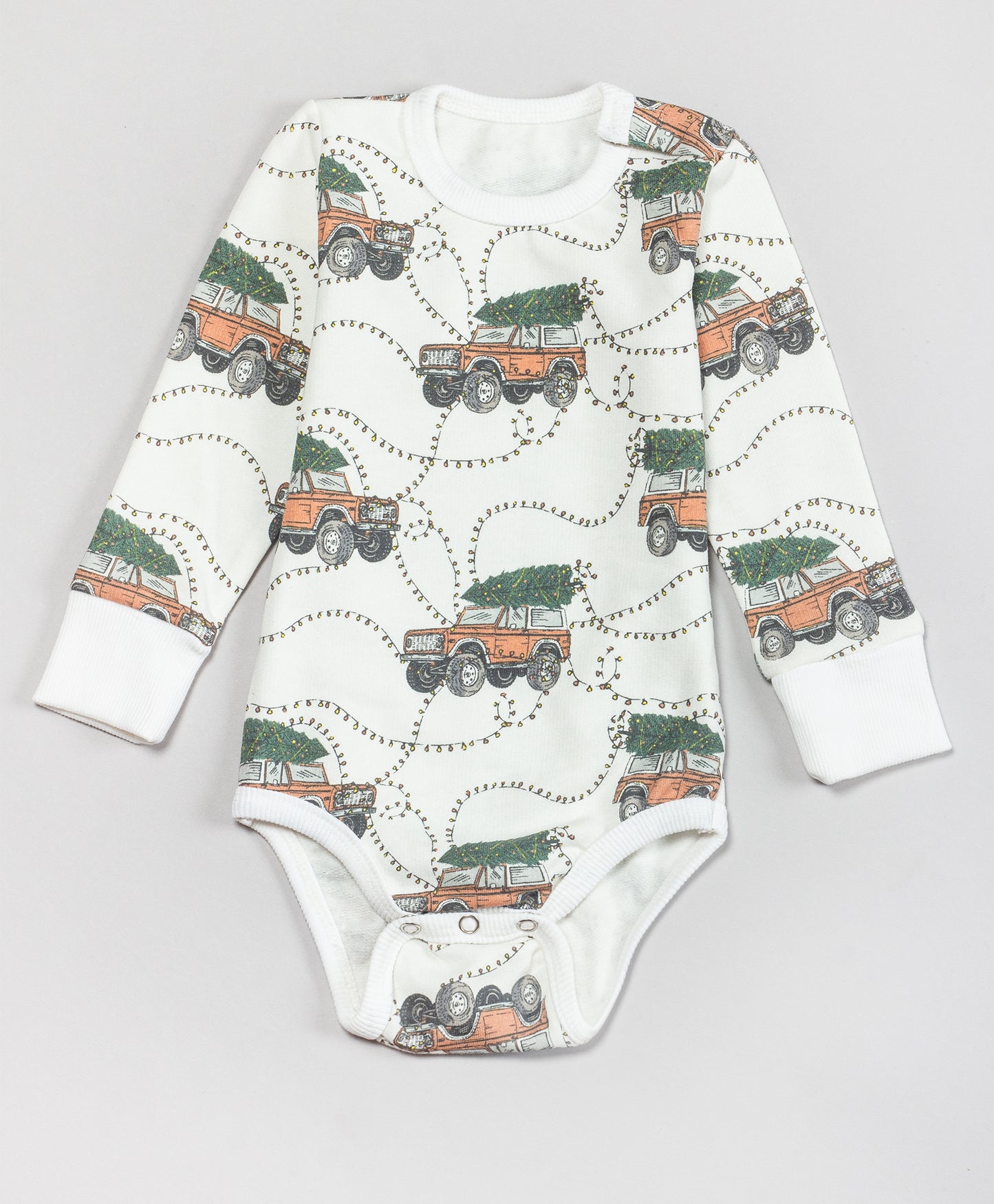 CHRISTMAS TREE ON CAR PRINT ONESIE AND PJ SET