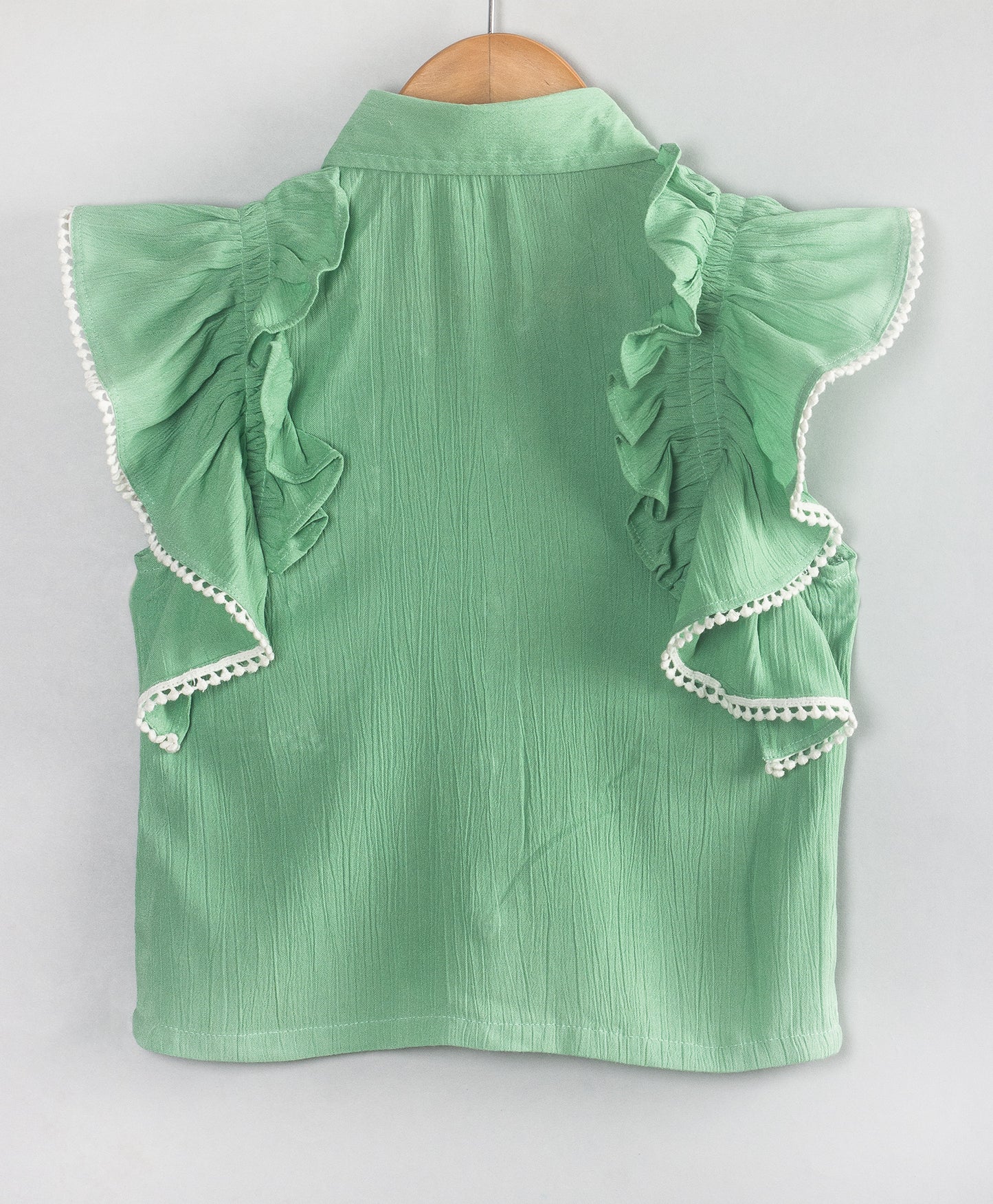 SOLID GREEN BUTTON DOWN SHIRT WITH FRILLS ALONG ARMHOLE