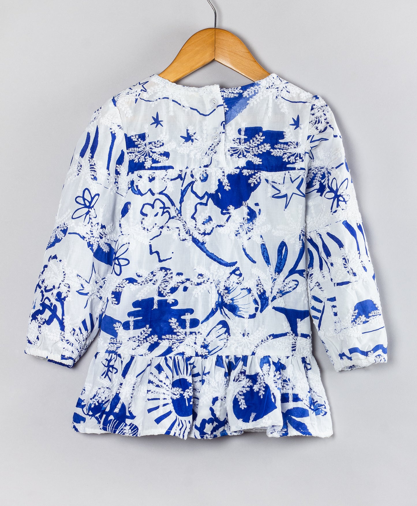 BLUE AND WHITE SCHIFFLI EMBROIDERY PEPLUM TOP
