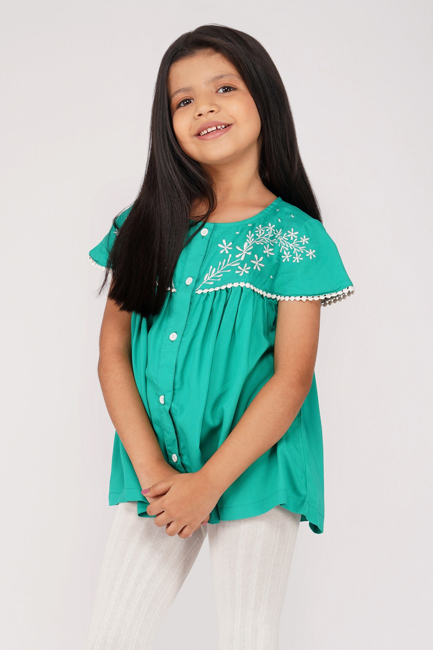 SOLID GREEN TOP WITH ECRU EMBROIDERY ON THE YOKE