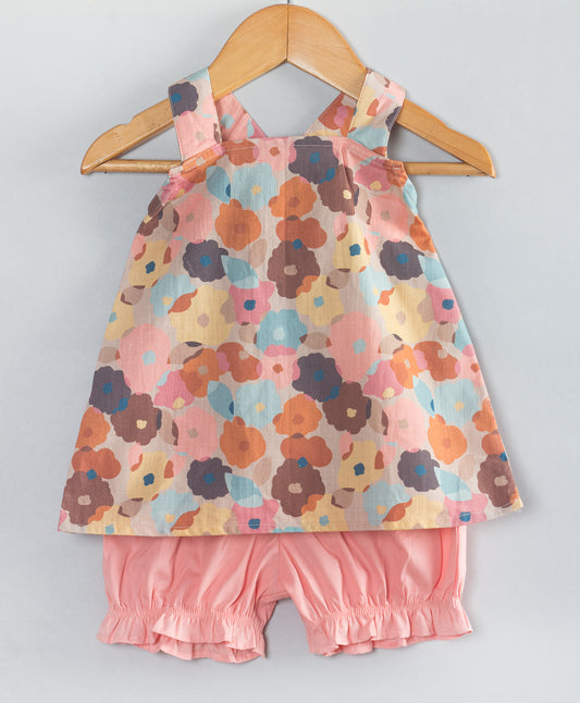 CORAL FLORAL PRINT INFANT SET WITH SHORTS