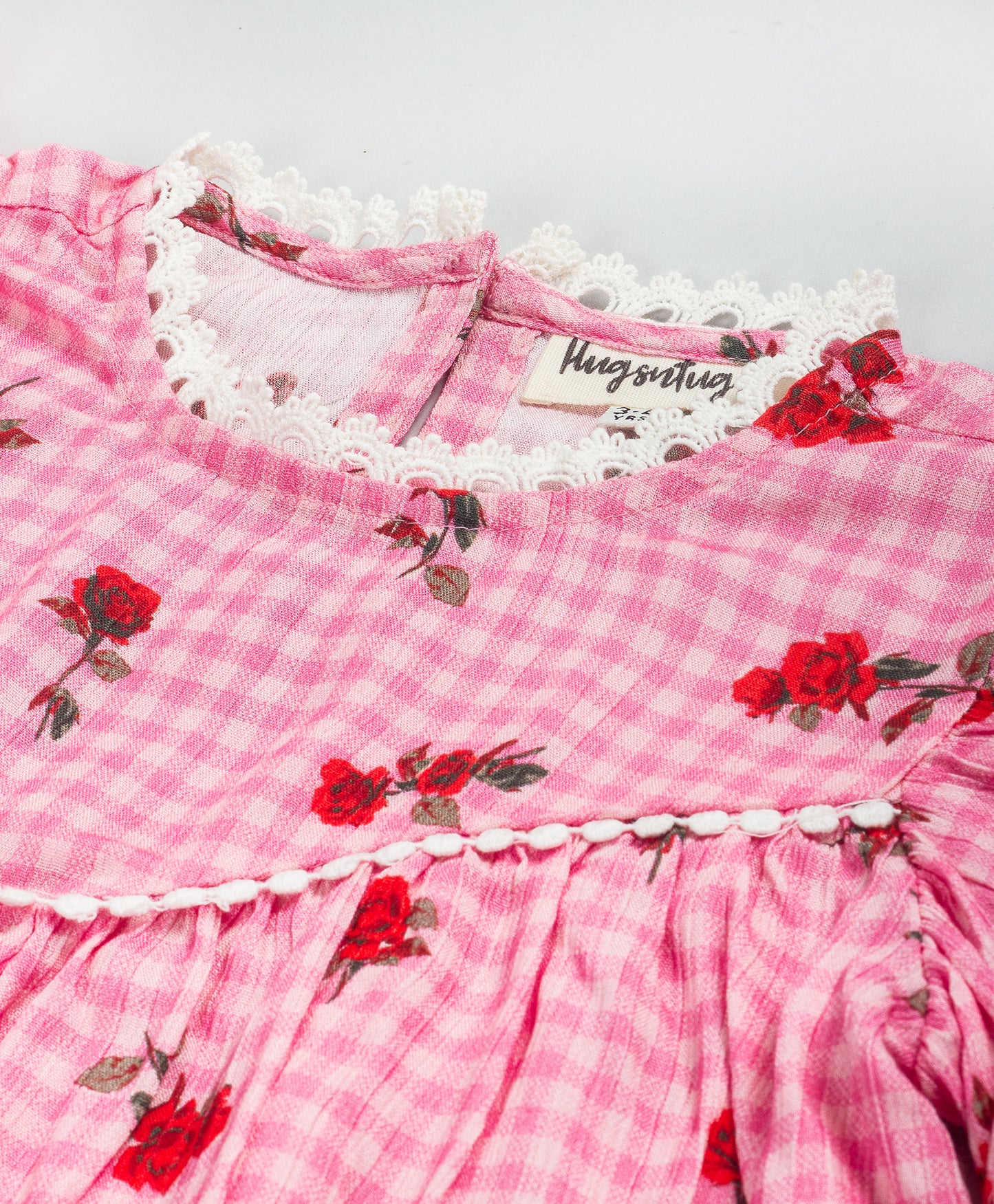 FLOWER ON CHECK PRIONT TOP WITH CONTRAST LACES