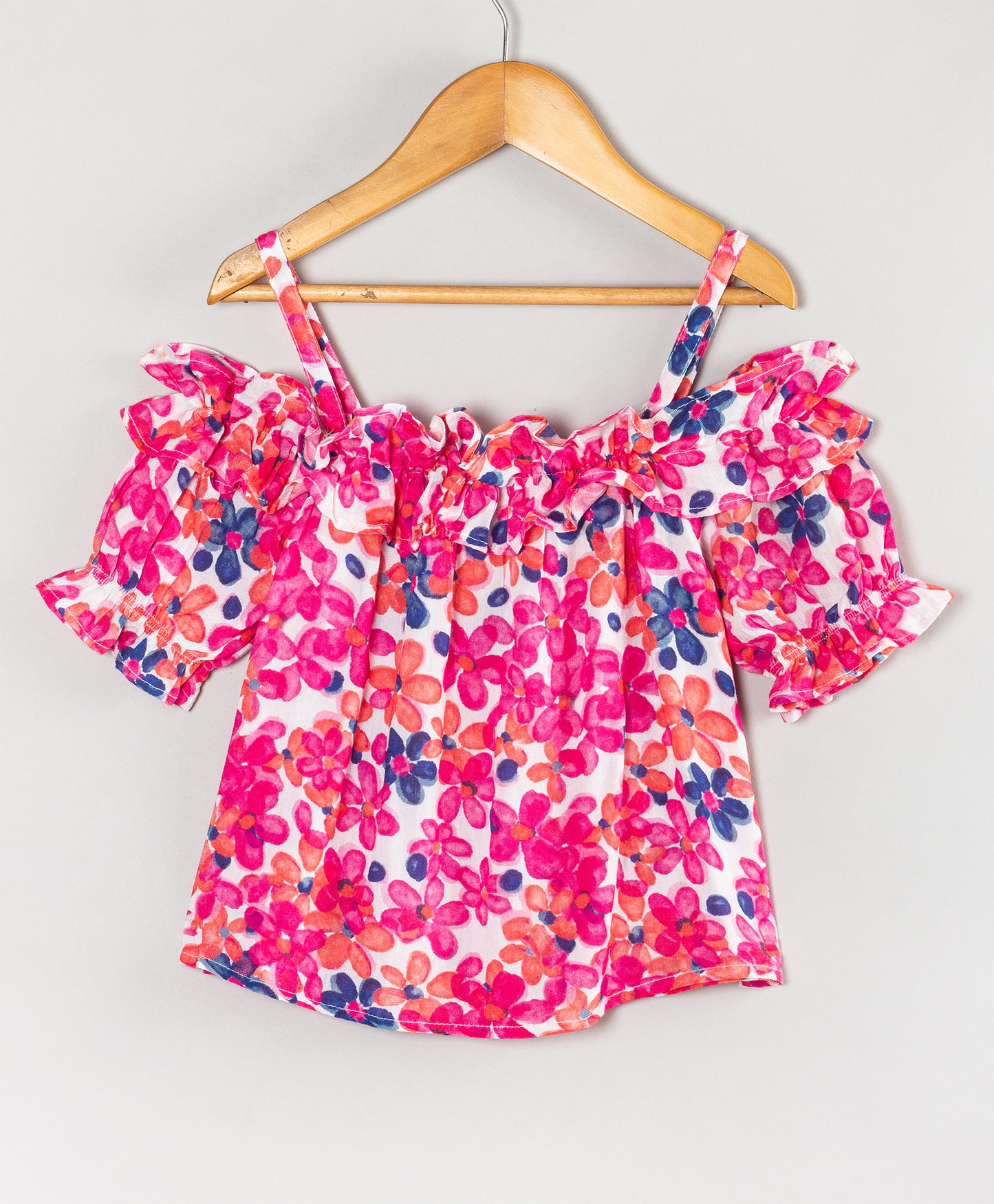 PINK BLUE FLORAL PRINT TOP WITH SHOULDER STRAPS