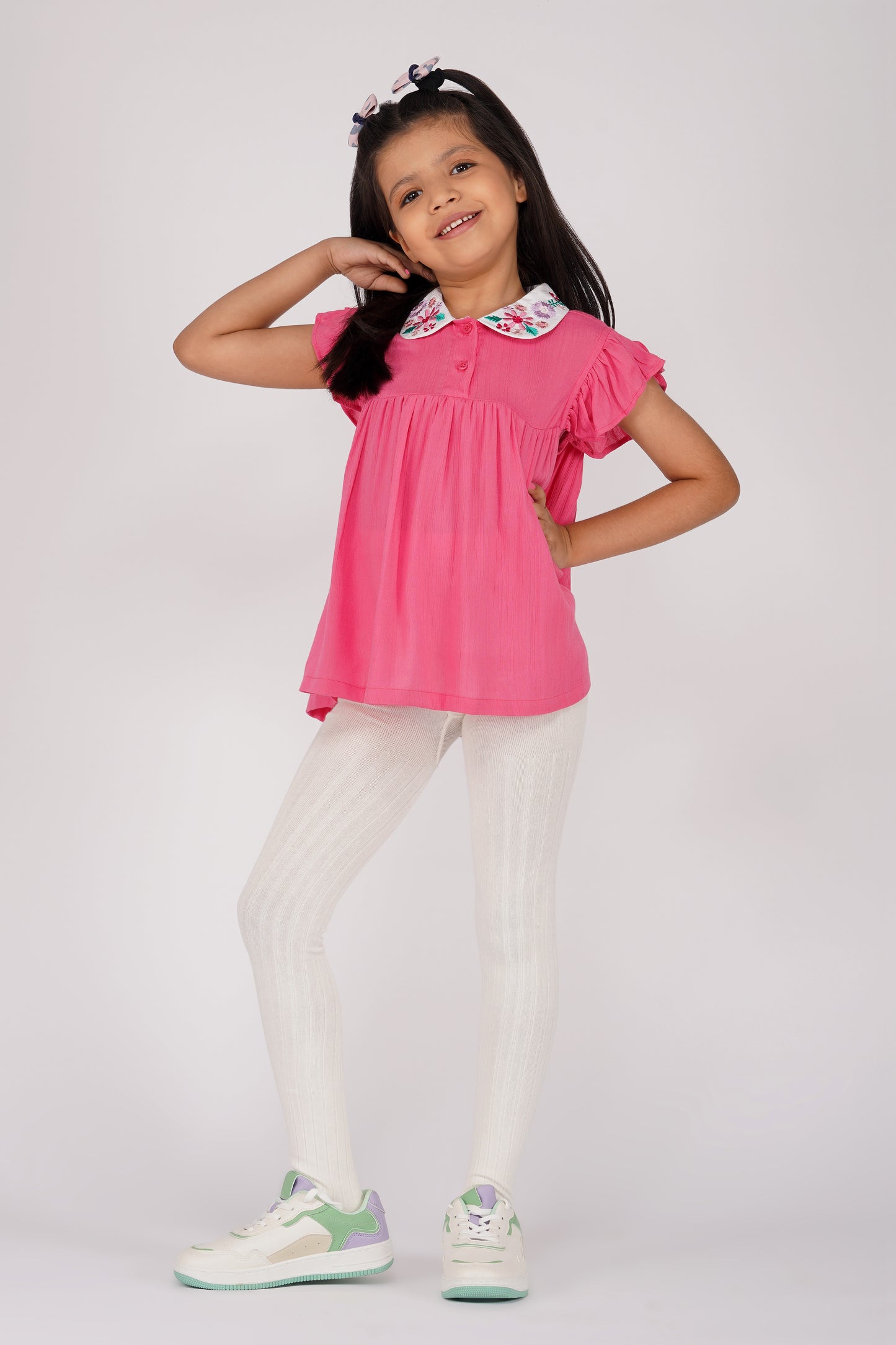 HOT PINK TOP WITH CONTRAST COLLAR WITH EMBROIDERY