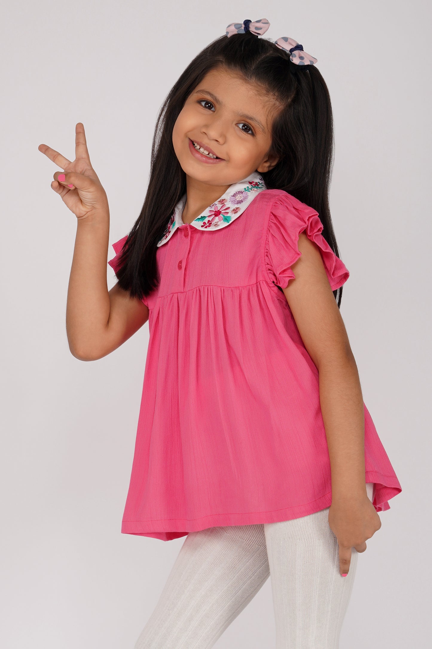 HOT PINK TOP WITH CONTRAST COLLAR WITH EMBROIDERY