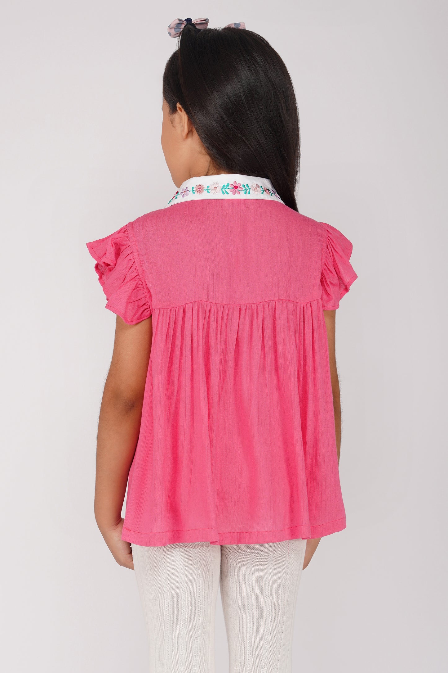 HOT PINK TOP WITH CONTRAST COLLAR WITH EMBROIDERY