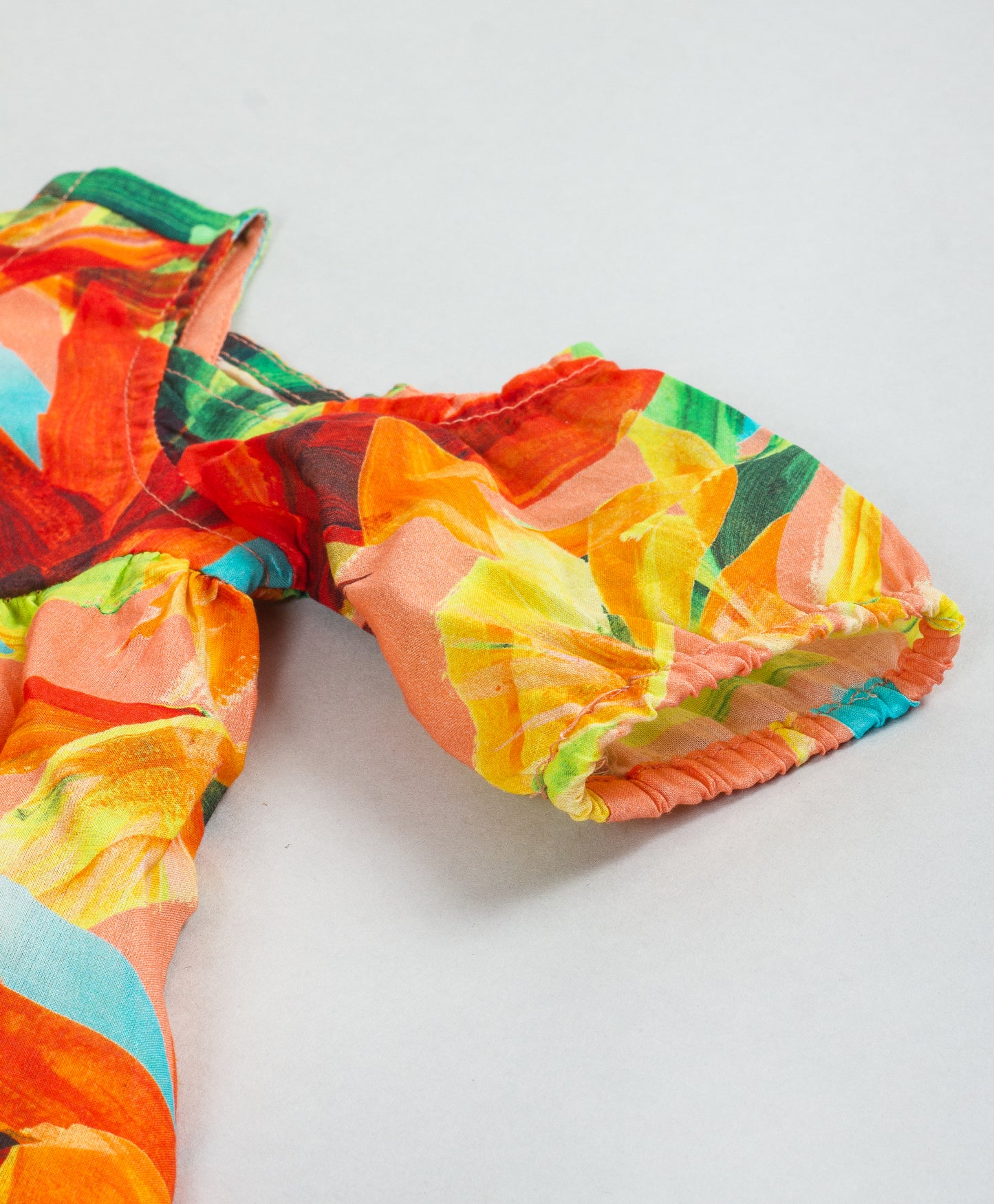 COLORFUL ALL OVER LEAVES PRINT DRESS WITH COLD SHOULDER