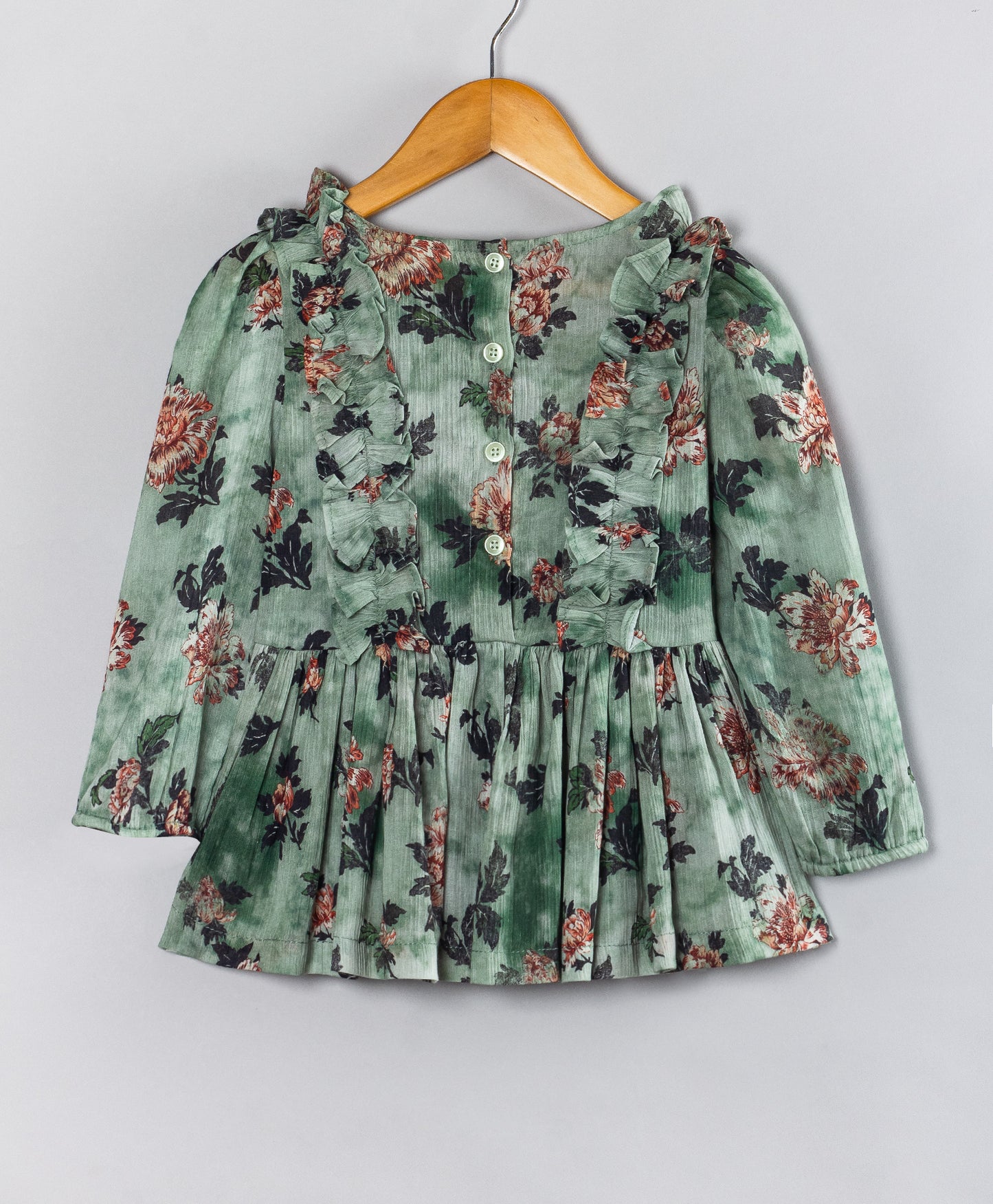 GREEN FLORAL PRINTED TOP WITH FRONT SIDE FRILLS