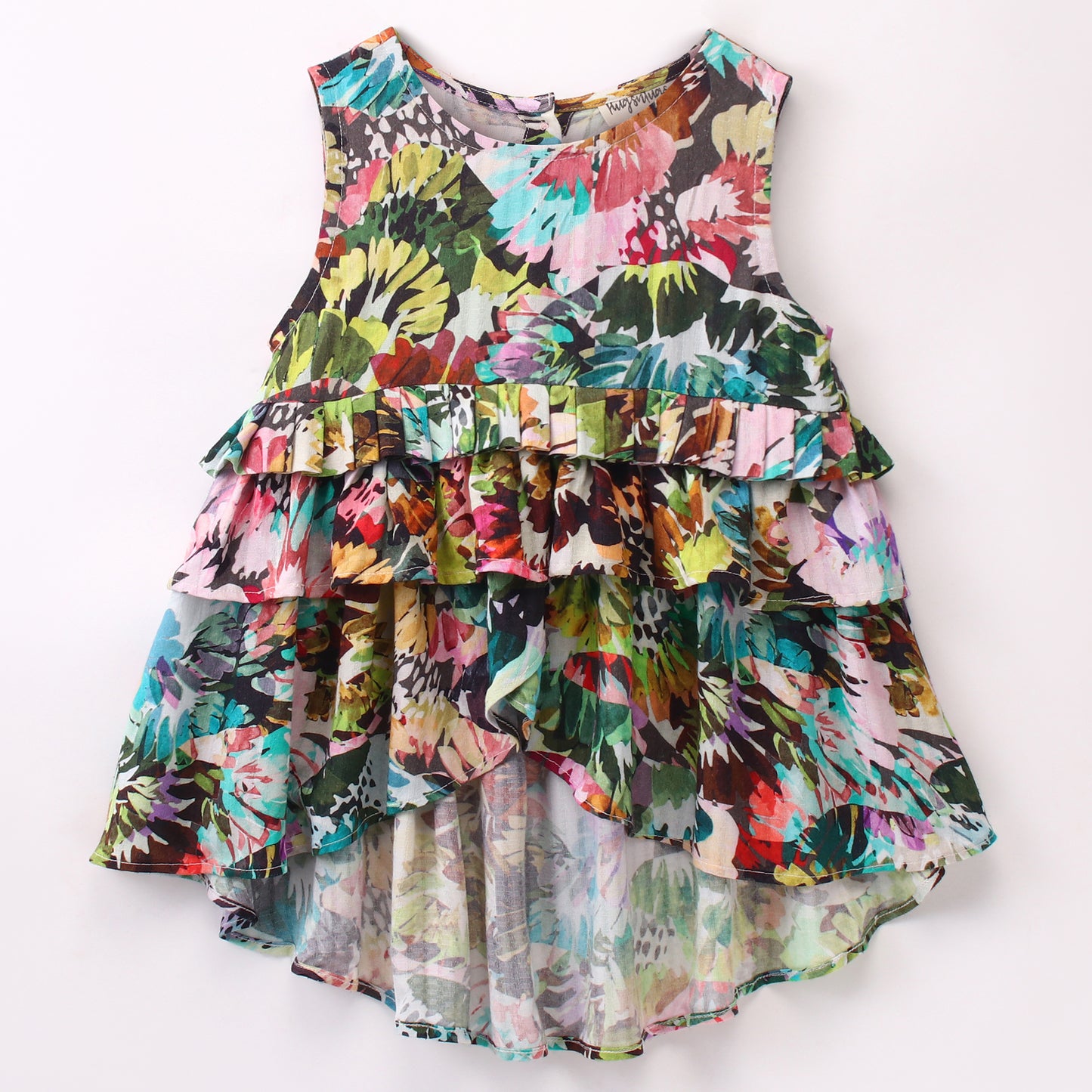 Sleeveless All Over Abstract Forest Leaves Printed Layered High Low Hem Top - Green & Multi Colour
