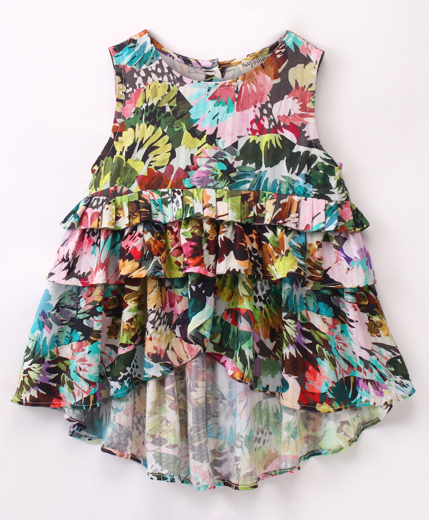 Sleeveless All Over Abstract Forest Leaves Printed Layered High Low Hem Top - Green & Multi Colour