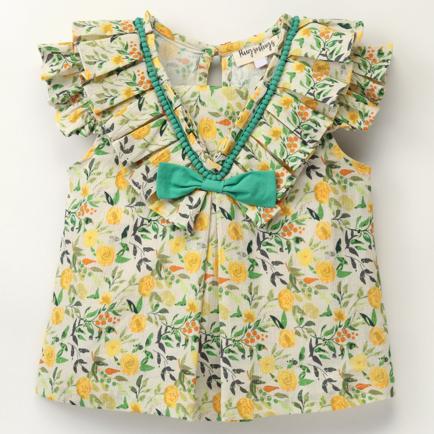 Cap Sleeves Seamless Vintage Style Floral Printed With Lace & Frills Along The Yoke Detailed Bow Embellished Top - Yellow
