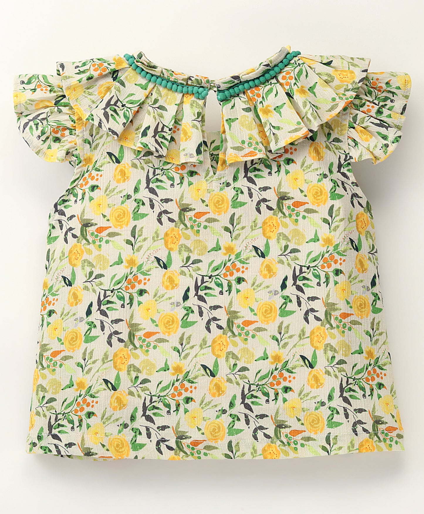 Cap Sleeves Seamless Vintage Style Floral Printed With Lace & Frills Along The Yoke Detailed Bow Embellished Top - Yellow