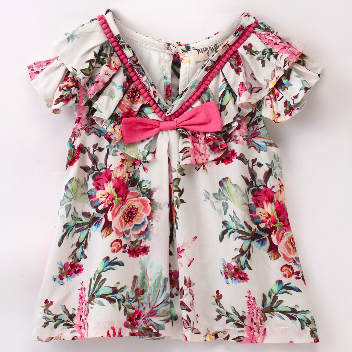Cap Sleeves Seamless Vintage Style Floral Printed & Contrast Pom Pom Lace Embellished Bow Detailed Top - White & Pink