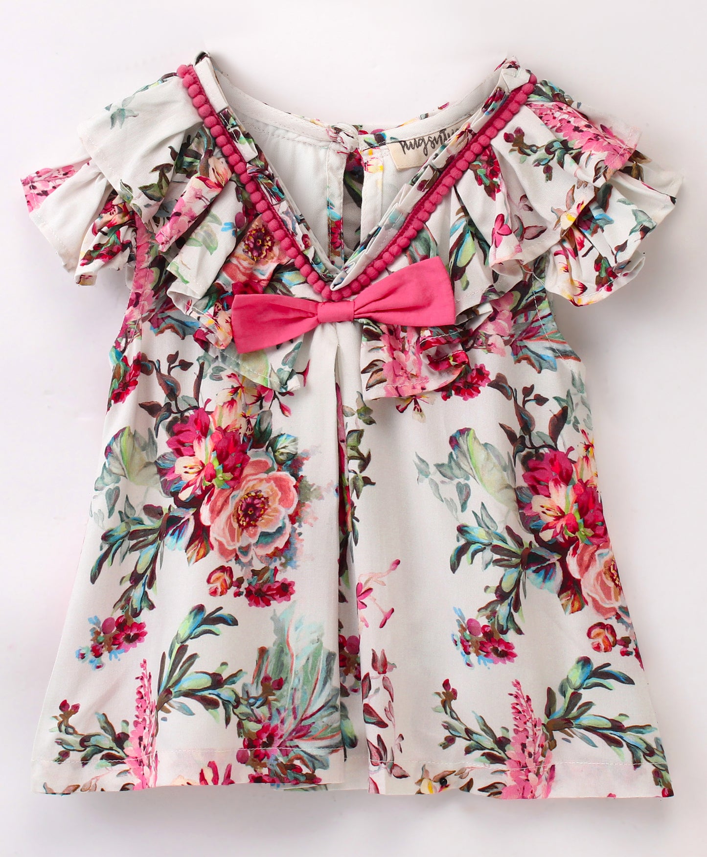 Cap Sleeves Seamless Vintage Style Floral Printed & Contrast Pom Pom Lace Embellished Bow Detailed Top - White & Pink