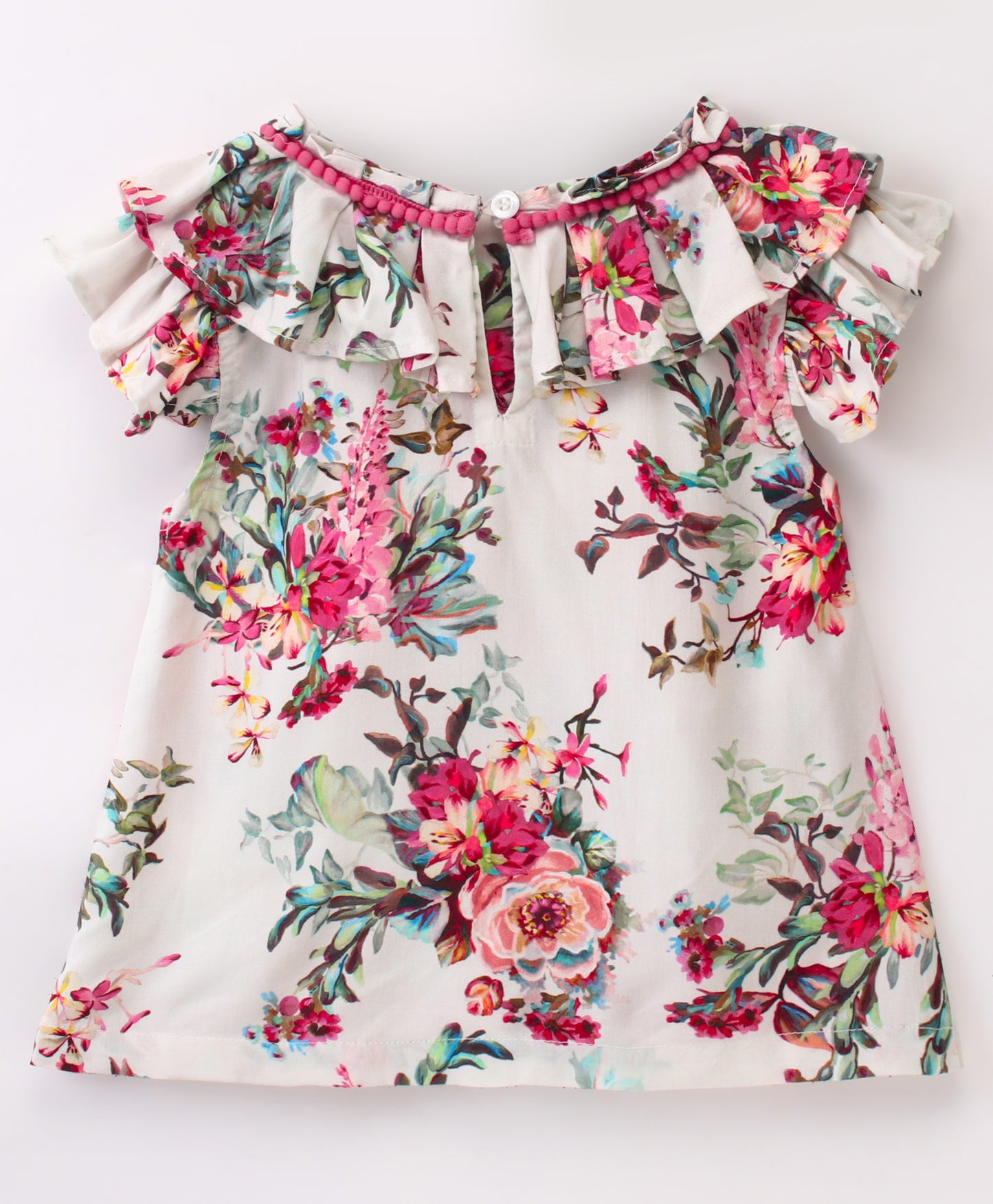 Cap Sleeves Seamless Vintage Style Floral Printed & Contrast Pom Pom Lace Embellished Bow Detailed Top - White & Pink