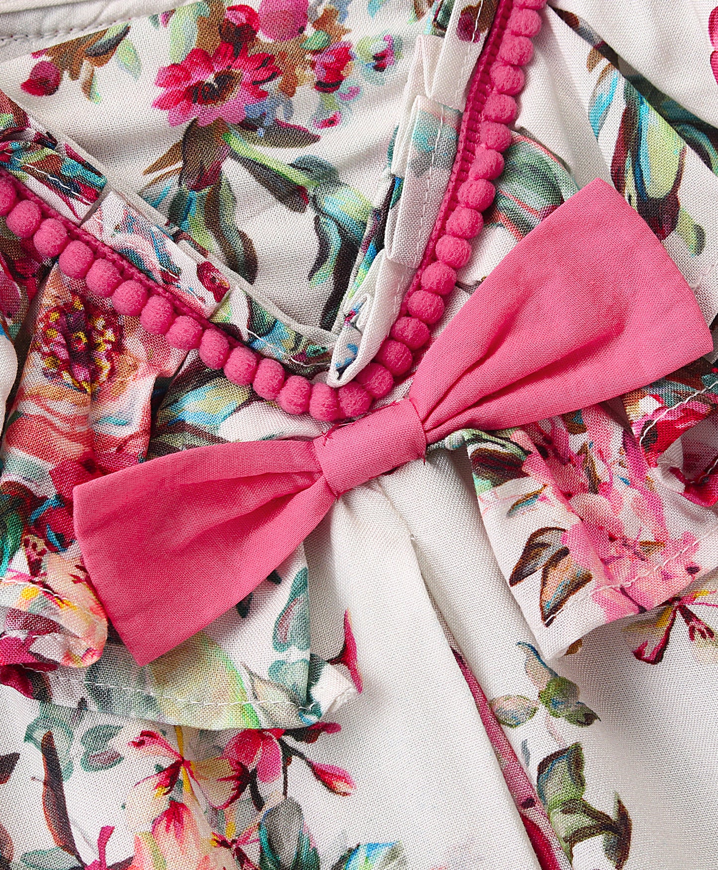 Cap Sleeves Seamless Vintage Style Floral Printed & Contrast Pom Pom Lace Embellished Bow Detailed Top - White & Pink