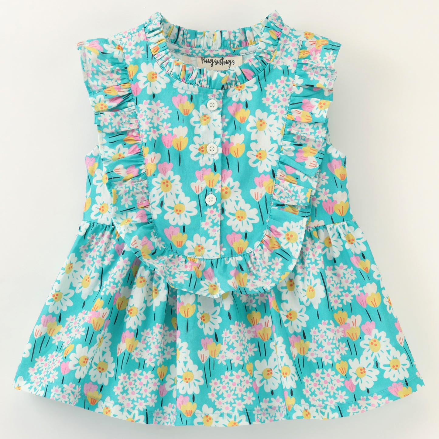 Sleeveless Frill Detailed & Daisies Printed A Line Top - Blue