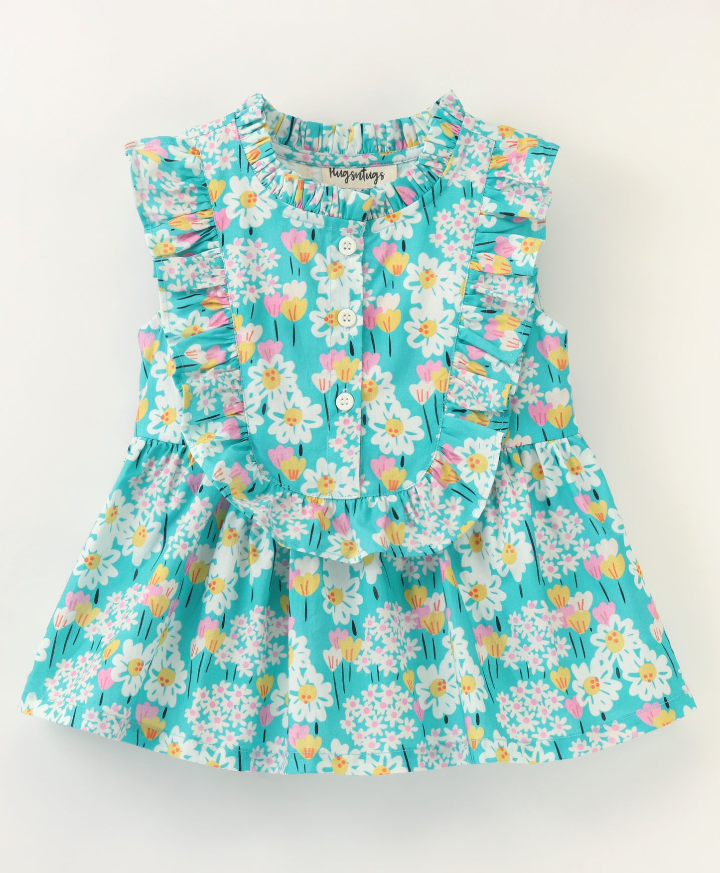 Sleeveless Frill Detailed & Daisies Printed A Line Top - Blue