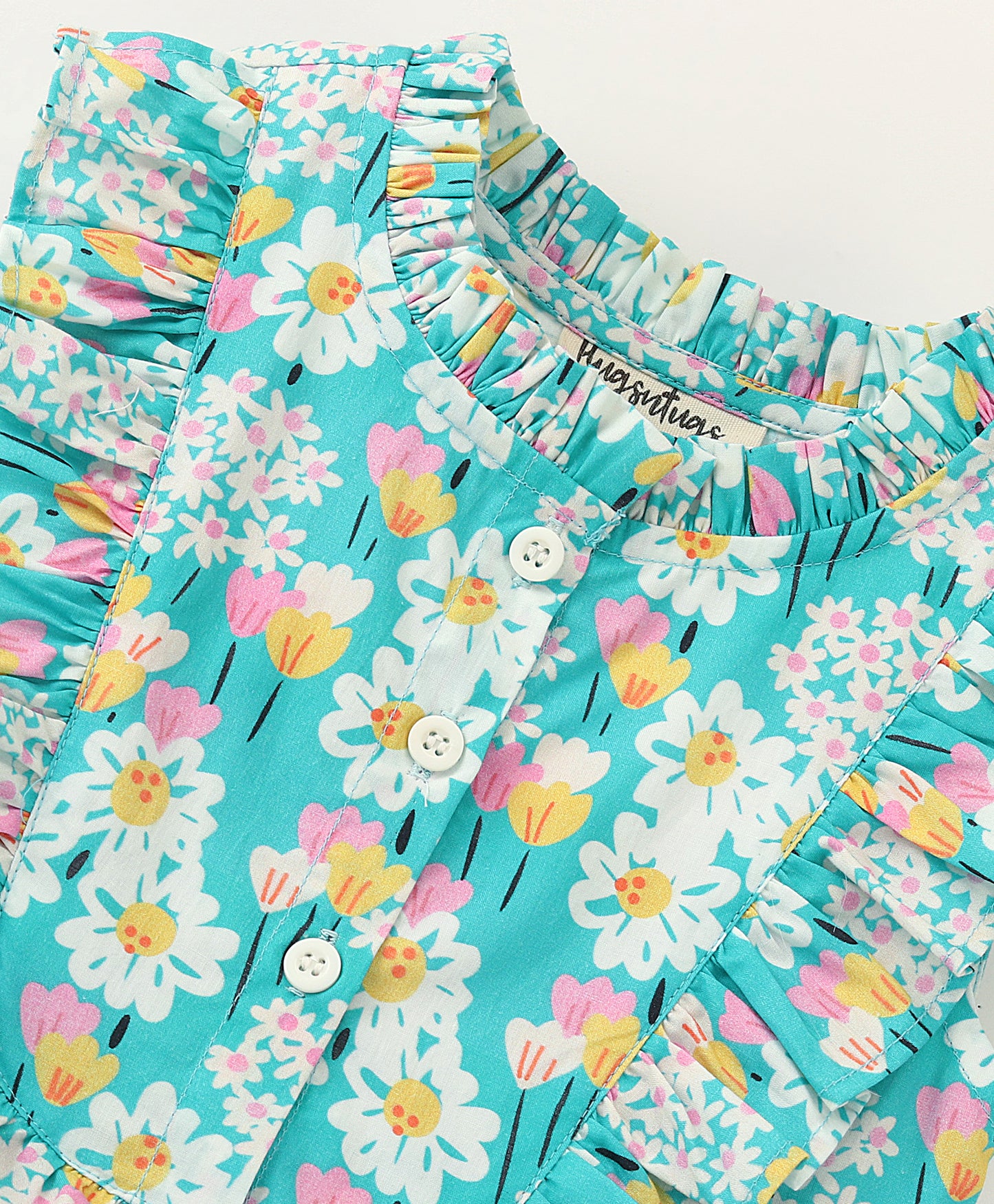 Sleeveless Frill Detailed & Daisies Printed A Line Top - Blue