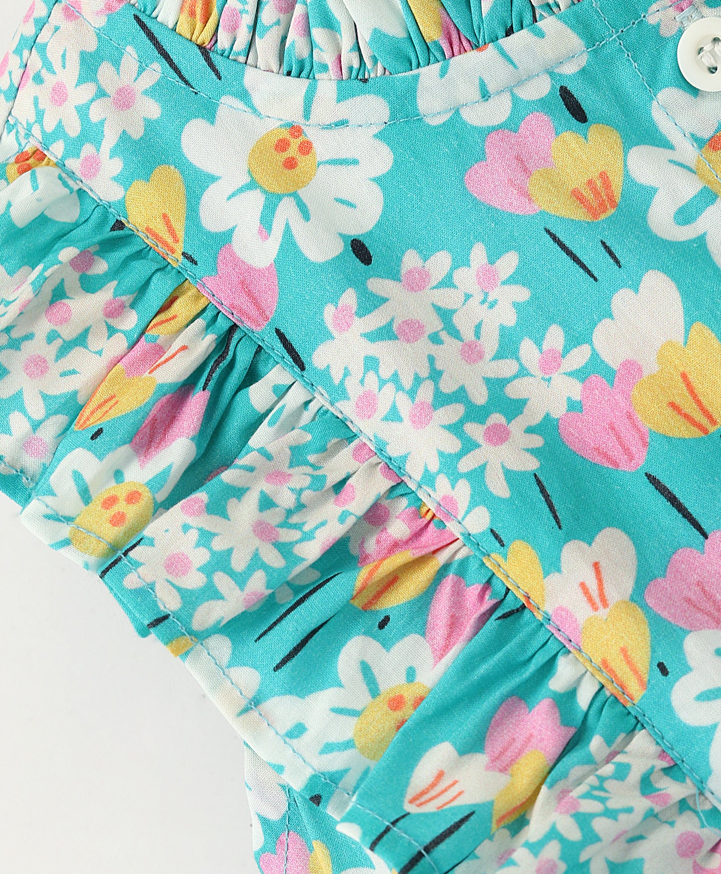 Sleeveless Frill Detailed & Daisies Printed A Line Top - Blue