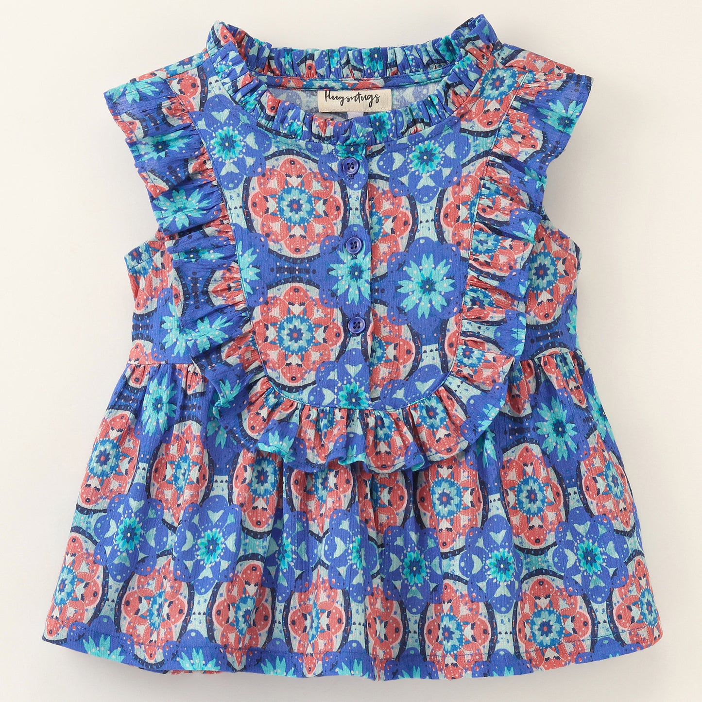 Sleeveless Frill Detailed & Kaleidoscope Printed A Line Top - Blue
