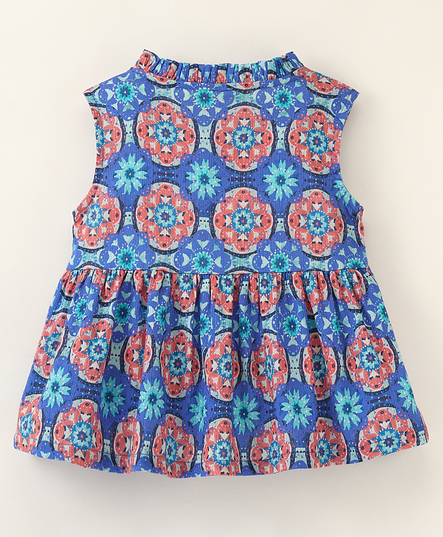 Sleeveless Frill Detailed & Kaleidoscope Printed A Line Top - Blue