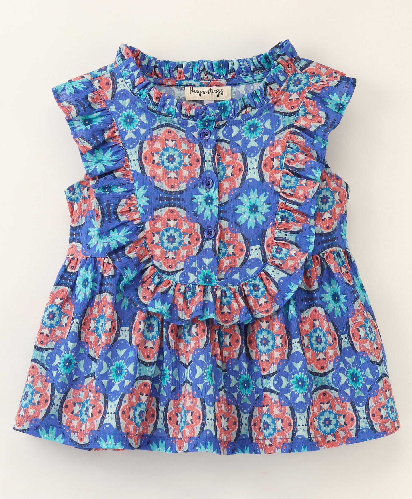 Sleeveless Frill Detailed & Kaleidoscope Printed A Line Top - Blue