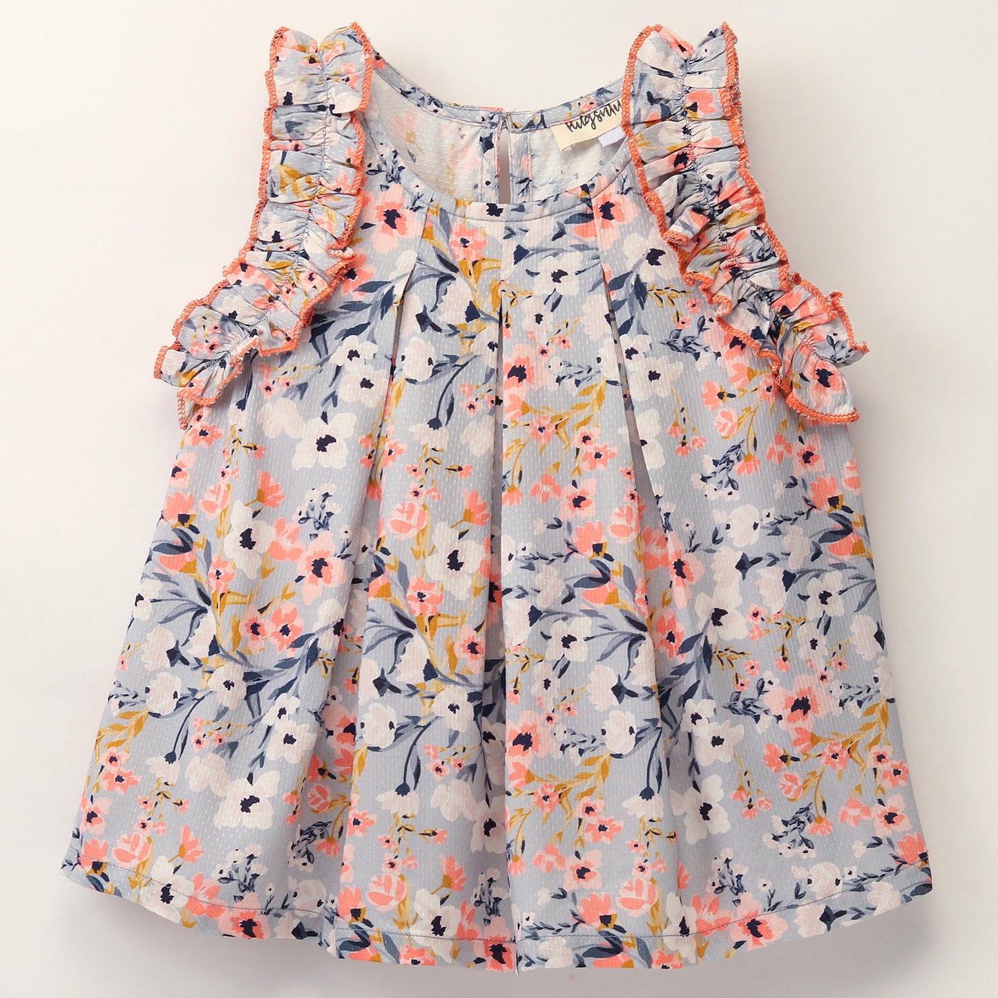 Sleeveless All Over Flowers Printed A Line Top With Contrast Edging On Shoulder Frills - Grey & Pink