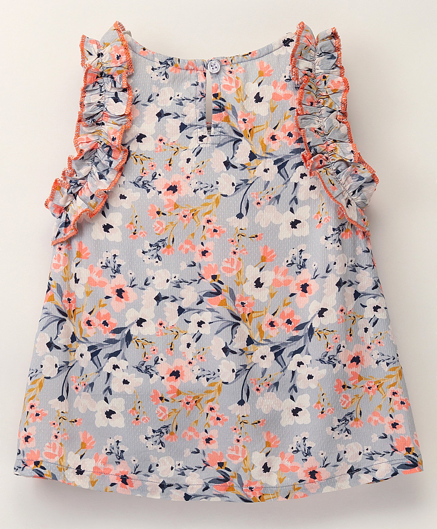 Sleeveless All Over Flowers Printed A Line Top With Contrast Edging On Shoulder Frills - Grey & Pink