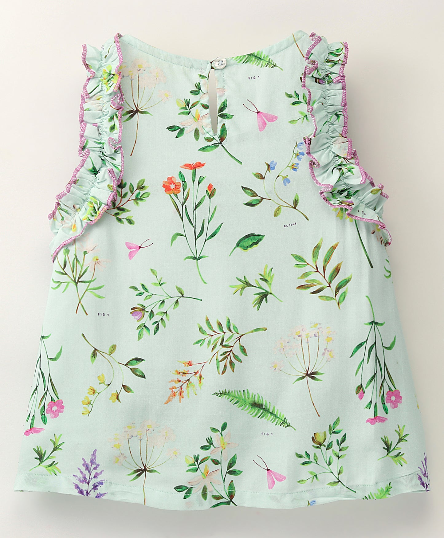 Sleeveless All Over Botanical Flowers Printed A Line Top With Contrast Edging On Shoulder Frills - Aqua Blue