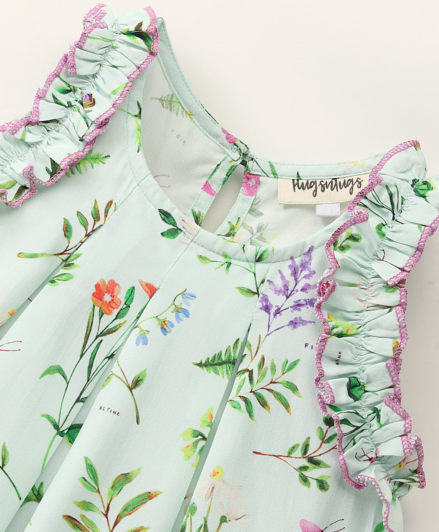 Sleeveless All Over Botanical Flowers Printed A Line Top With Contrast Edging On Shoulder Frills - Aqua Blue