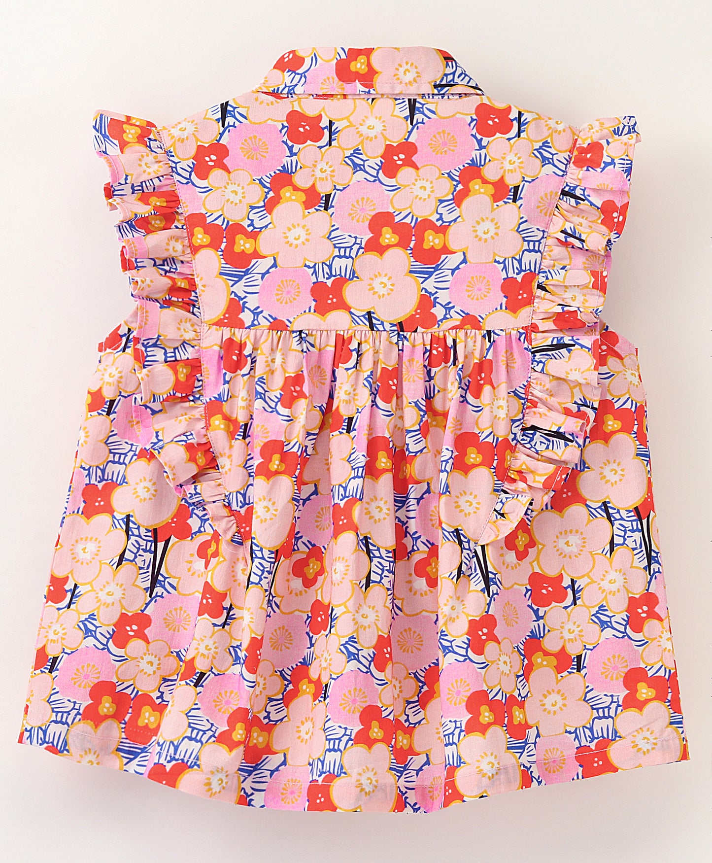Frill Cap Sleeves Seamless Garden Flowers Printed Shirt Style Button Down Top - Pink & Red