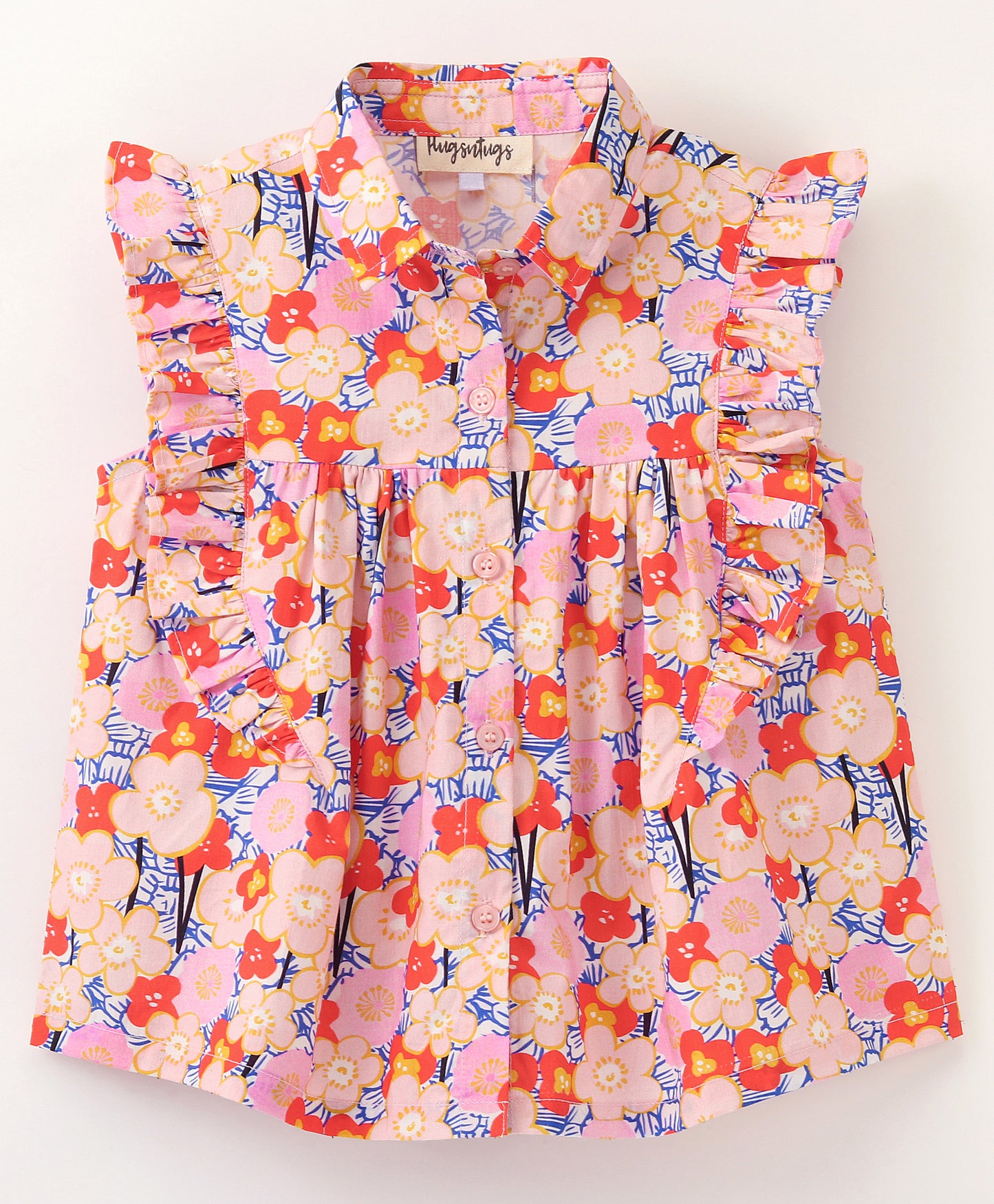 Frill Cap Sleeves Seamless Garden Flowers Printed Shirt Style Button Down Top - Pink & Red