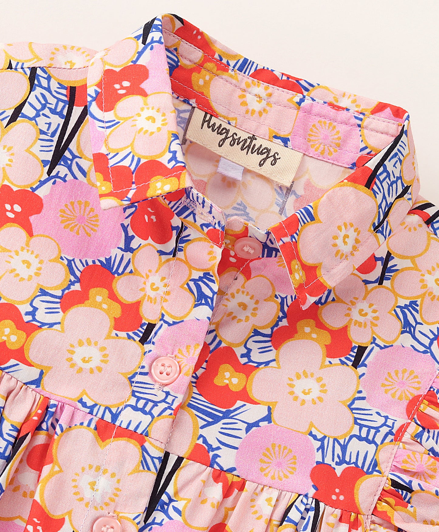 Frill Cap Sleeves Seamless Garden Flowers Printed Shirt Style Button Down Top - Pink & Red