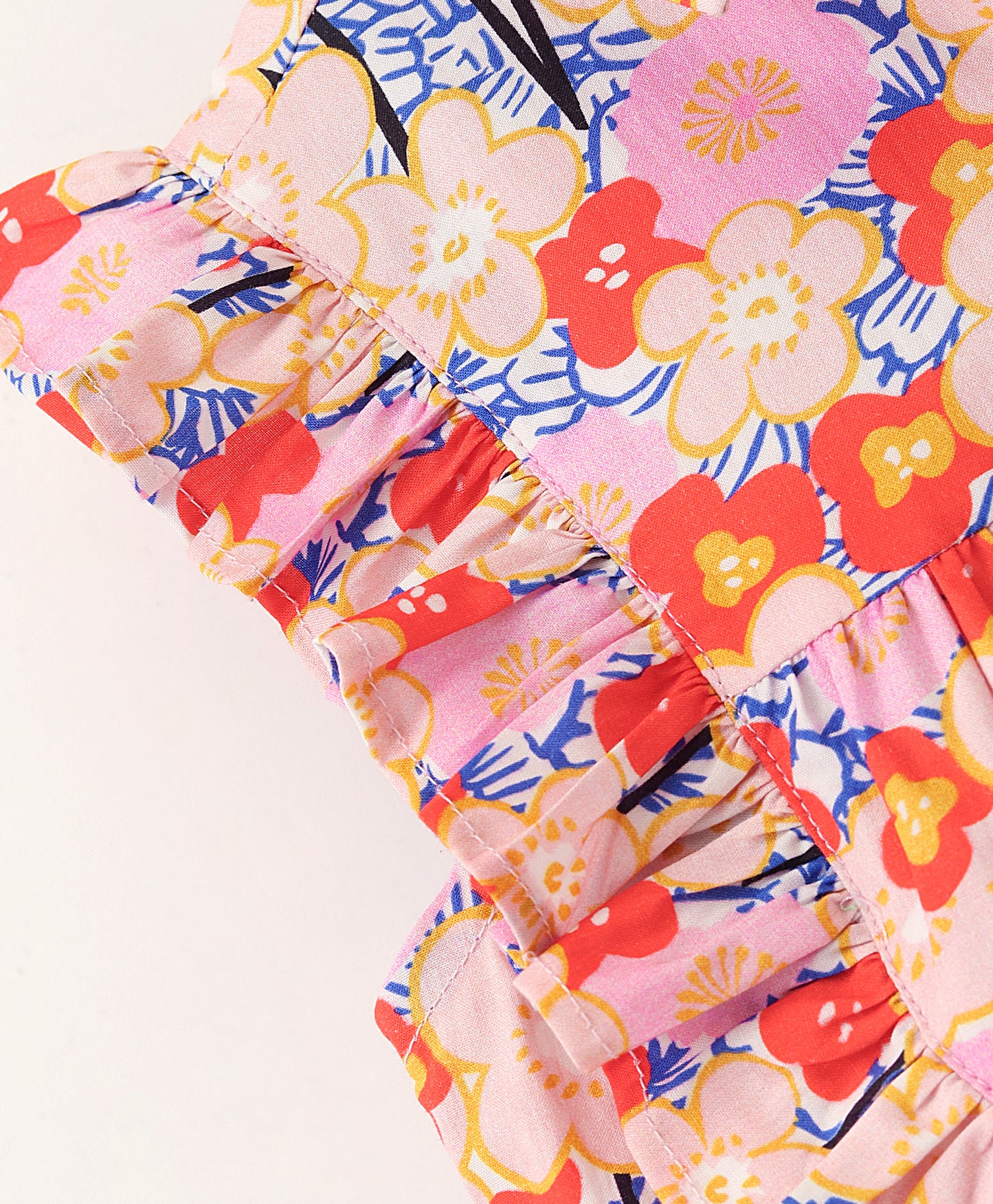 Frill Cap Sleeves Seamless Garden Flowers Printed Shirt Style Button Down Top - Pink & Red