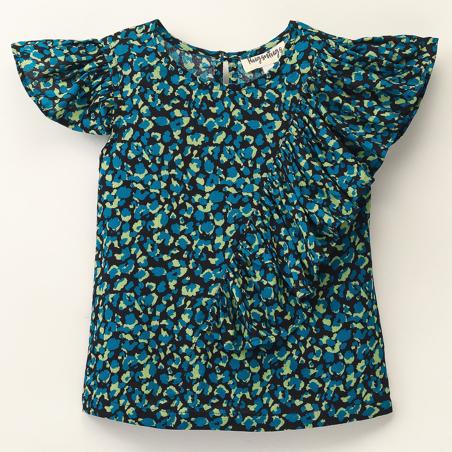Frill Cap Sleeves Seamless Animal Print Top With Frill Across Front - Blue