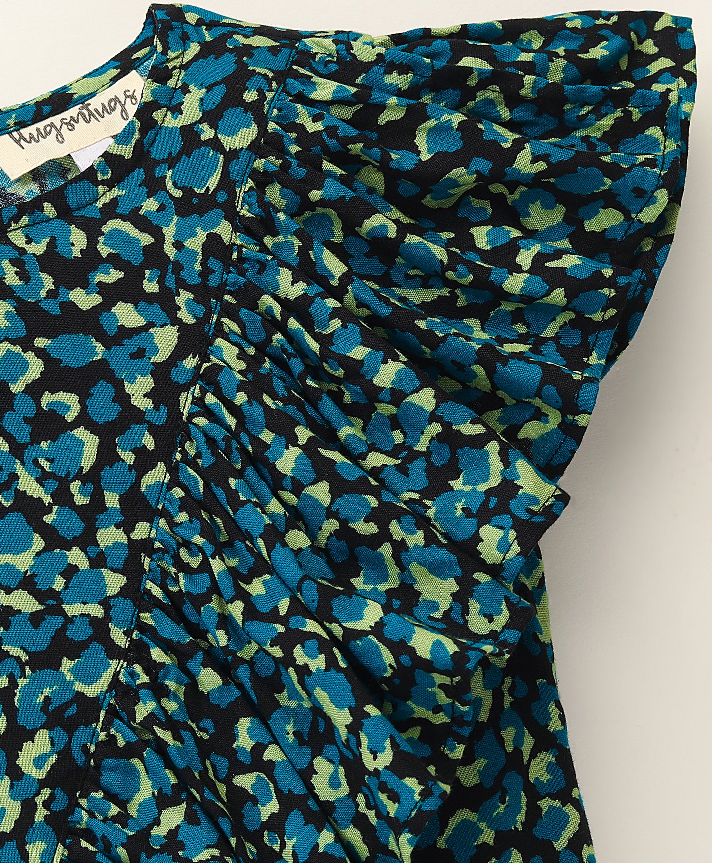 Frill Cap Sleeves Seamless Animal Print Top With Frill Across Front - Blue