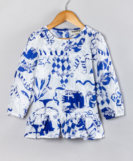 BLUE AND WHITE SCHIFFLI EMBROIDERY PEPLUM TOP