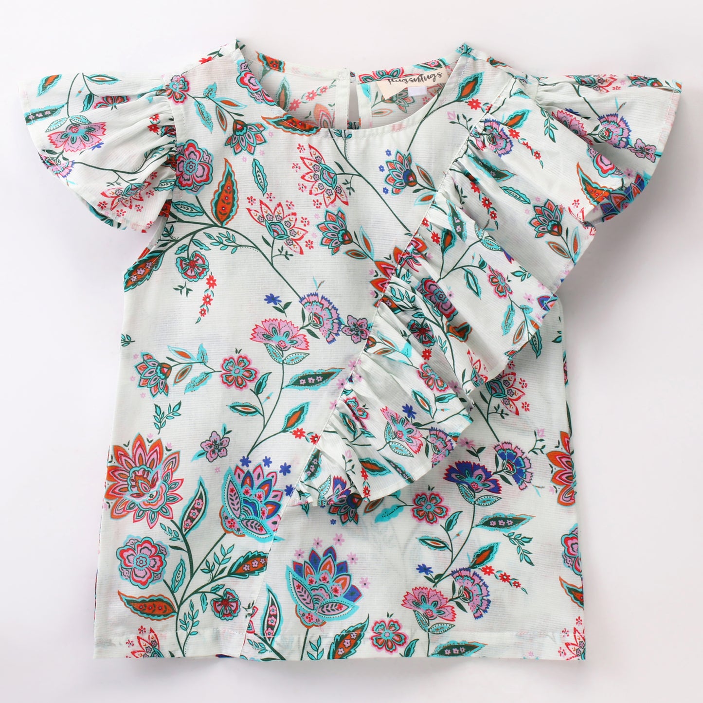 Frill Cap Sleeves Seamless Indian Floral Print Top With Frill Across Front - White & Blue
