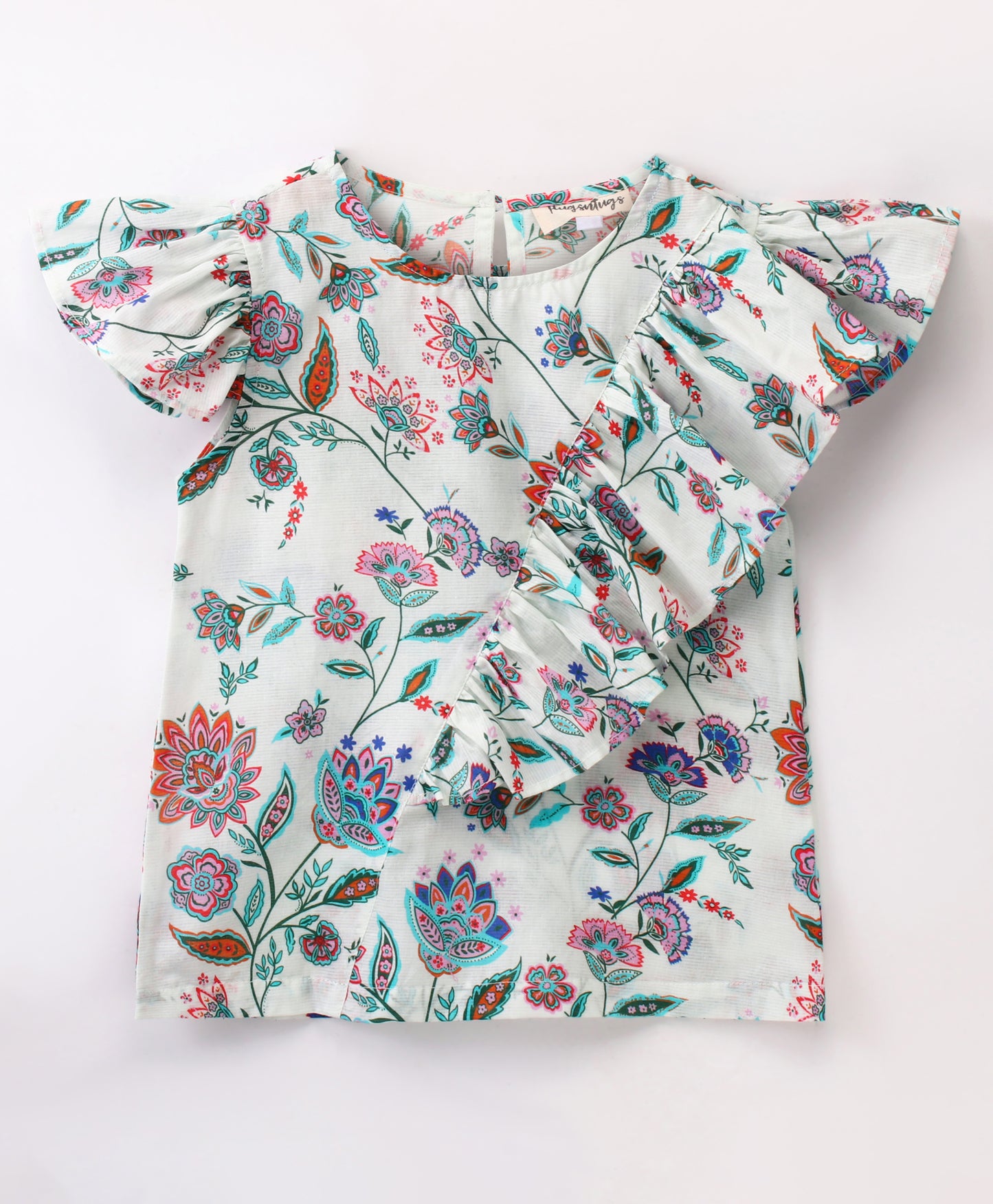 Frill Cap Sleeves Seamless Indian Floral Print Top With Frill Across Front - White & Blue